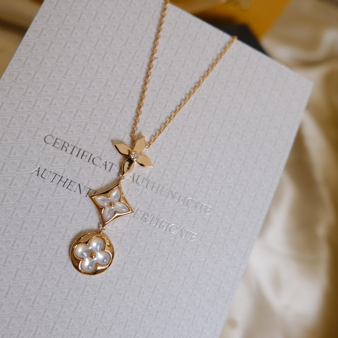 [Valéa jewellery]COLOR BLOSSOM LARIAT NECKLACE PINK GOLD WHITE MOTHER PEARL AND DIAMOND