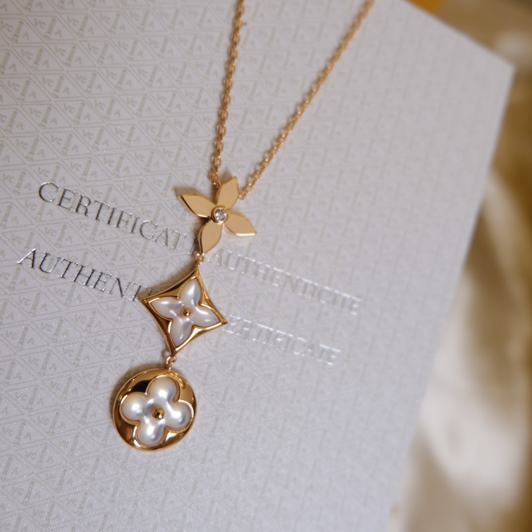 [Valéa jewellery]COLOR BLOSSOM LARIAT NECKLACE PINK GOLD WHITE MOTHER PEARL AND DIAMOND